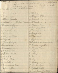 Hand written list of plants at Washington Place by Queen Lili'uokalani